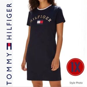 Tommy Hilfiger Navy with Gold Lettering Pullover Tee Dress Short Sleeve (1X)